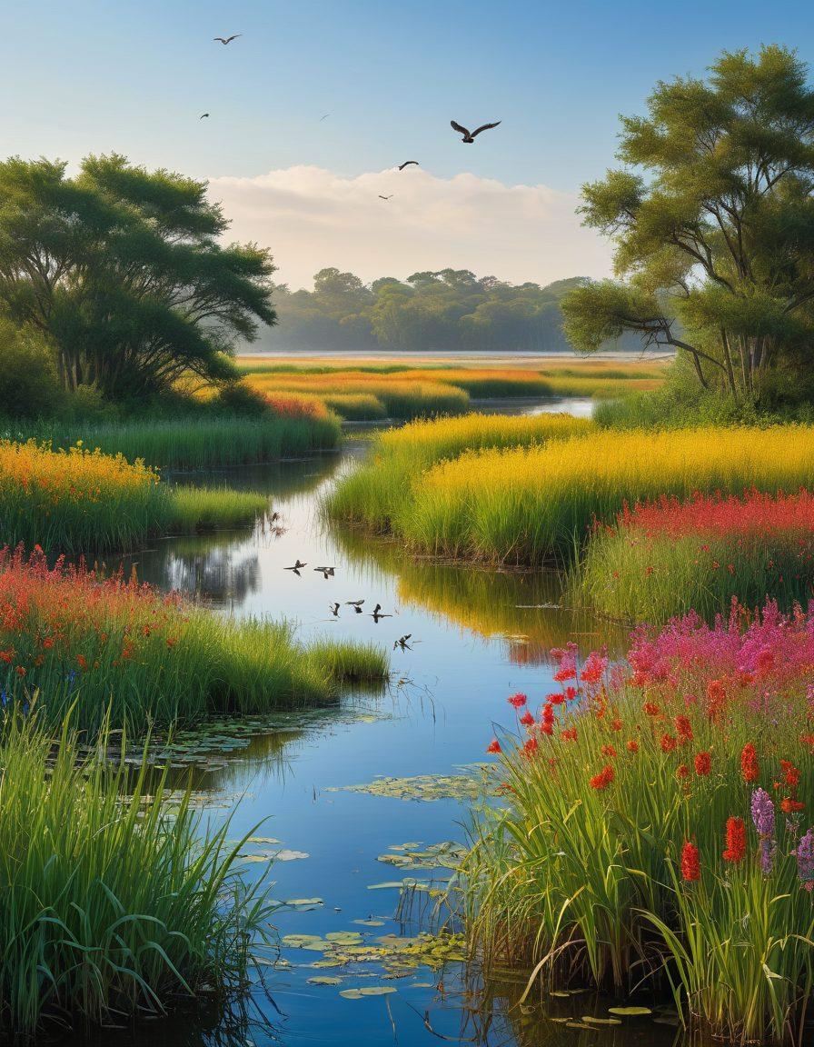 A stunning landscape depicting a vibrant ecosystem with various migratory birds soaring in a blue sky, surrounded by lush wetlands and colorful wildflowers. Include a serene waterbody reflecting the birds in flight, and hints of human conservation efforts such as nesting boxes and birdwatchers. The scene should evoke a sense of harmony between nature and conservation. super-realistic. vibrant colors. peaceful ambiance.