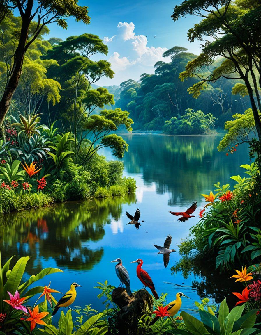 A stunning, panoramic landscape showcasing a variety of vibrant avian species in their natural habitats, from tropical forests to serene wetlands, each bird displaying its unique behavior, such as singing, flying, and foraging. Include the lush greenery, colorful flowers, and a clear blue sky to enhance the serene atmosphere. super-realistic. vibrant colors. nature-inspired.