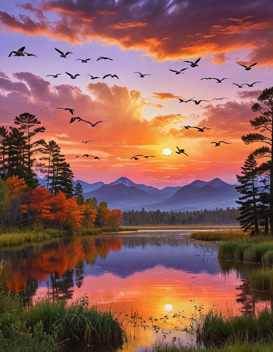 A panoramic landscape showcasing a diverse flock of migratory birds soaring above vibrant forests and wetlands, with colorful species like swans, geese, and songbirds in dynamic flight. In the foreground, a passionate wildlife conservationist observes the scene, equipped with binoculars and a notebook, symbolizing efforts to protect these majestic creatures. The sky is a gradient of warm colors, suggesting a sunrise or sunset, adding a feeling of hope and renewal. Artistic details like birds in various stages of migration and wildlife-friendly landscapes enhance the narrative. vibrant colors. super-realistic. 